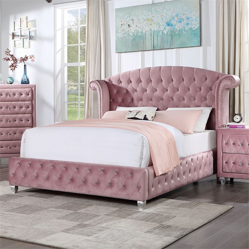 Furniture of America Cyndi Glam Fabric Wingback Pink Full Bed with Care