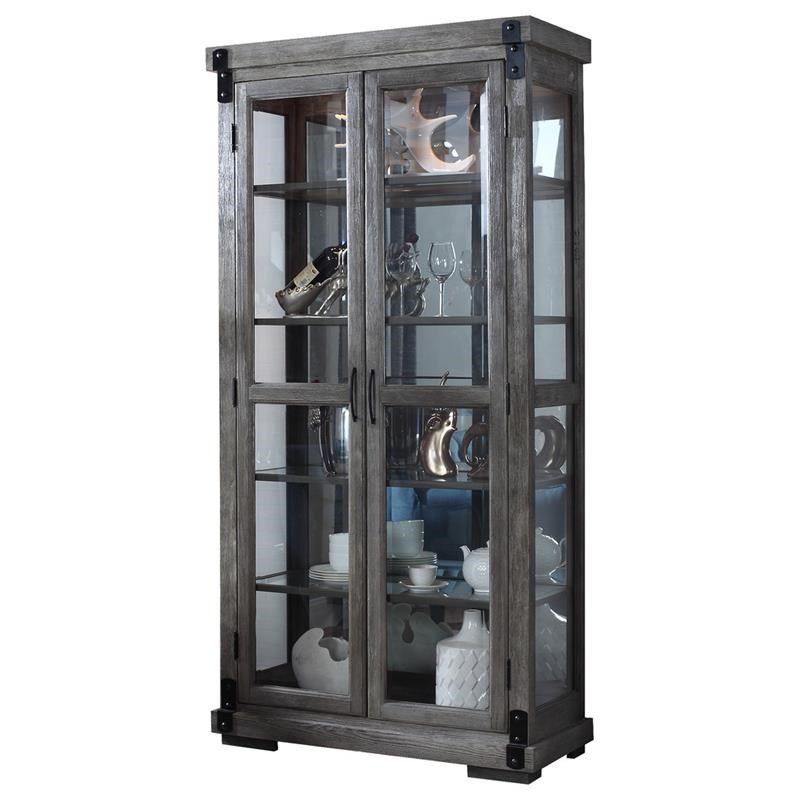 Trent Home Transitional Curio with Glass Shelves in Rustic Dark Gray