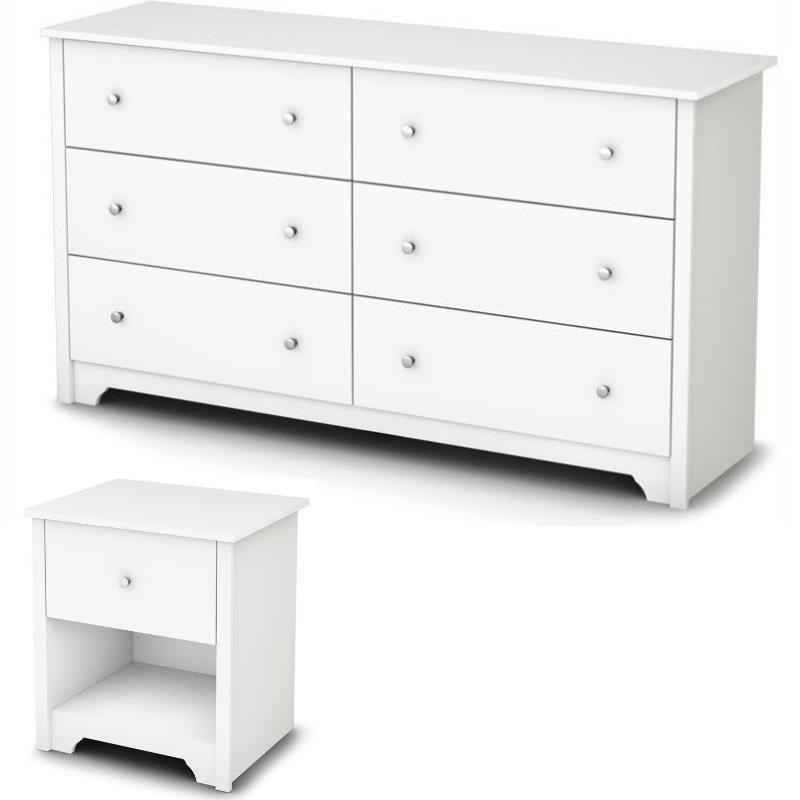 Set of 6 Drawer Double Dresser and 1 Drawer Nightstand with Matte Nickel Handles