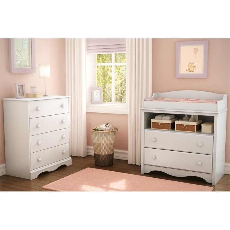 Crib and Toddler Bed and Changing Table and 5 Drawer Dresser Set in Pure White