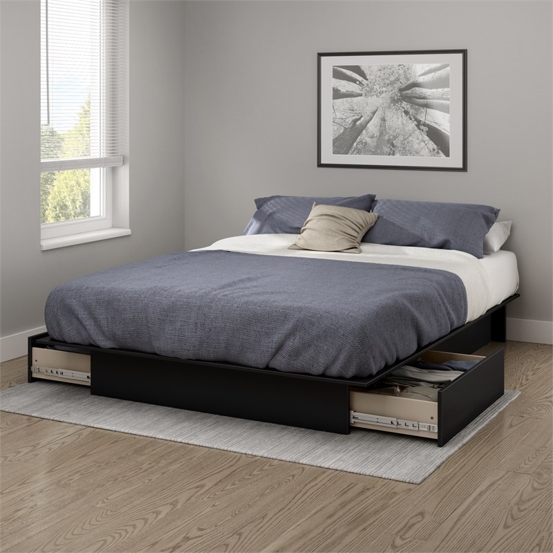 Full Queen Platform Bed with Drawer and 1 Nighstand Set in Black