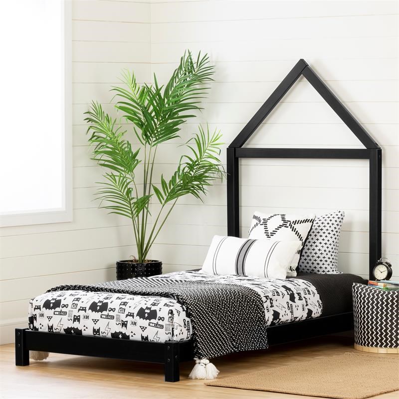 Sweedi Bed with House Frame Headboard-Matte Black-South Shore