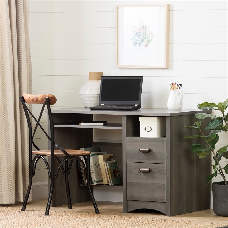 South Shore Gascony Gray Maple Desk and 1 Flam Black Chair with Wooden Legs Set