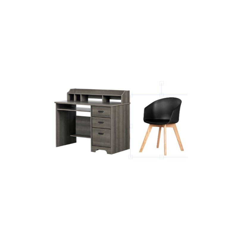 South Shore Versa Gray Maple Desk and 1 Flam Black Chair with Wooden Legs Set