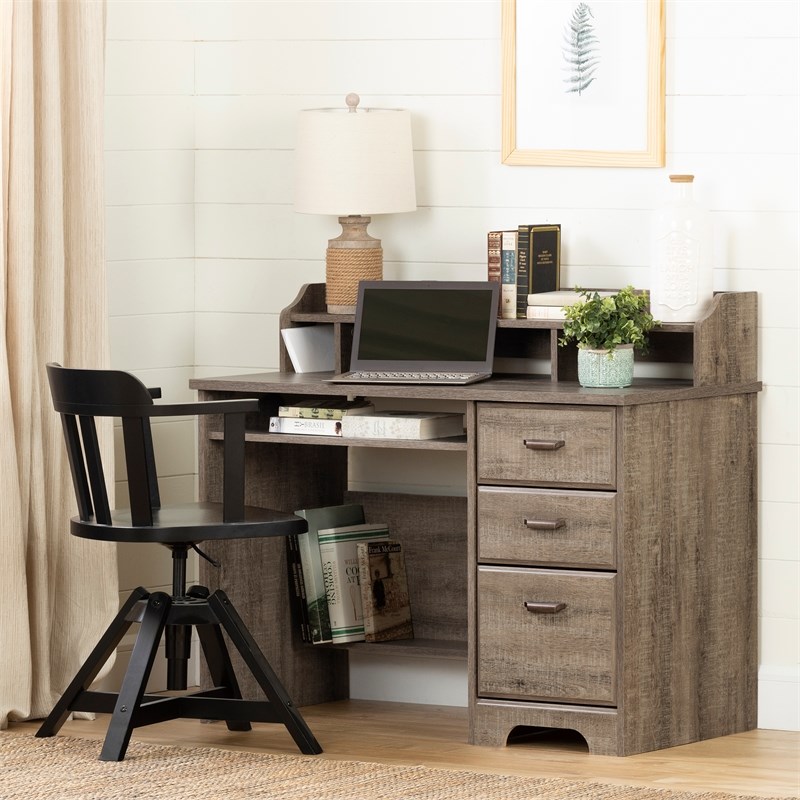 South Shore Versa Weathered Oak Desk and 1 Flam Black Chair with Wooden Legs Set