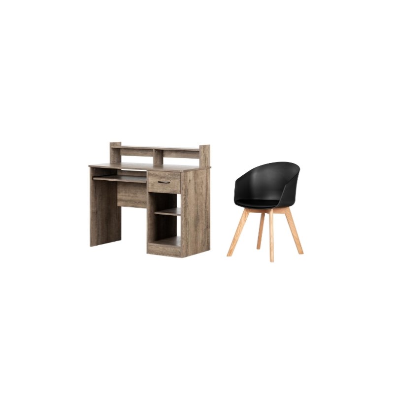 South Shore Axess Weathered Oak Desk with Tray & 1 Flam Black and Wood Chair Set