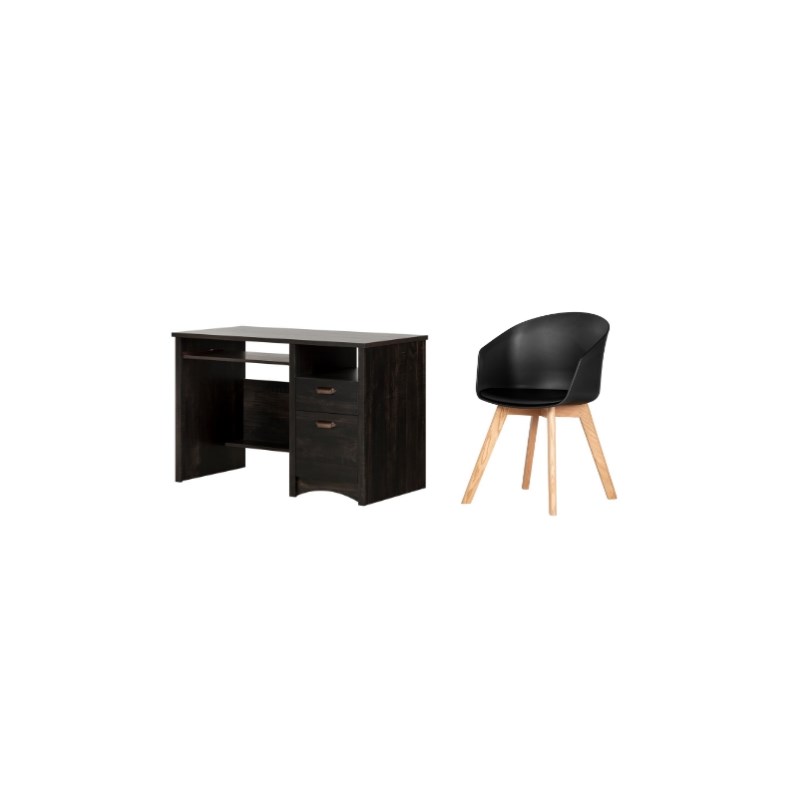South Shore Gascony Rubbed Black Desk and 1 Flam Black and Wood Chair Set