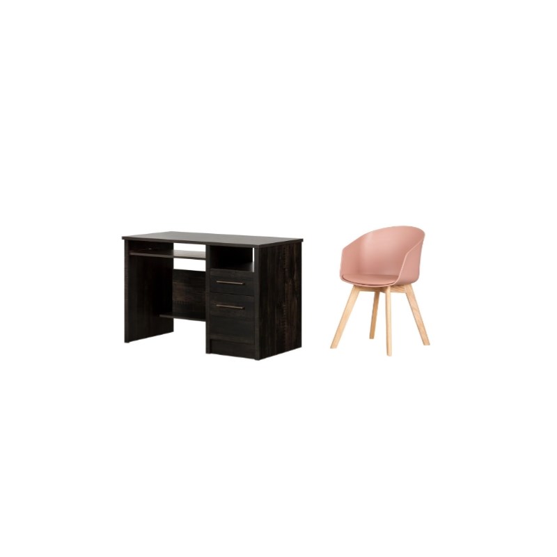 South Shore Gravity Rubbed Black Desk and 1 Flam Pink and Wood Chair Set