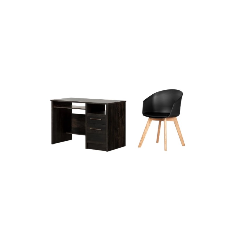 South Shore Gravity Rubbed Black Desk and 1 Flam Black and Wood Chair Set