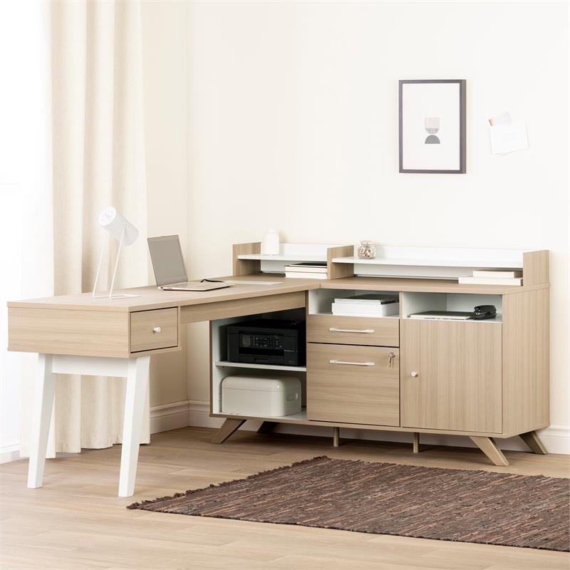 Helsy L-Shaped Desk with Power Bar Soft Elm and White South Shore
