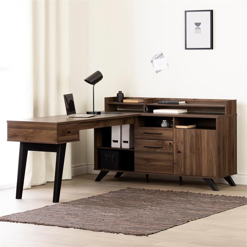Helsy L-Shaped Desk with Power Bar Natural Walnut South Shore