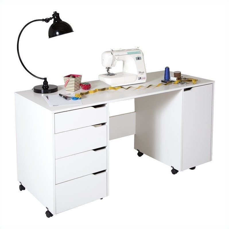 South Shore Crea Sewing Craft Table on Wheels in Pure White