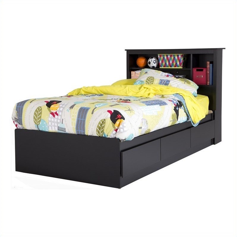 South Shore Vito Twin Mates Bed with 3 Drawers in Pure Black