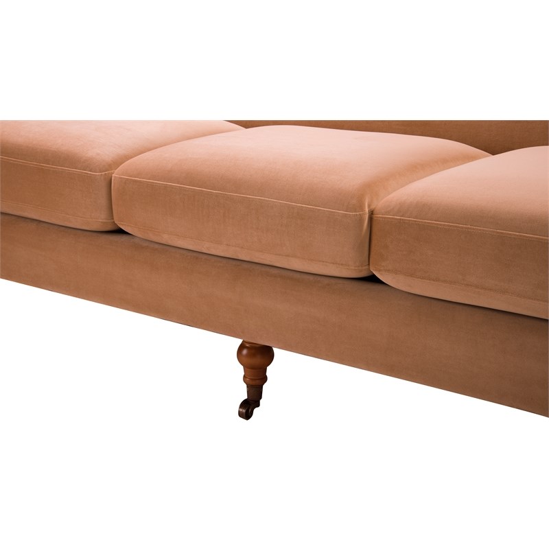 Brika Home Recessed Arm Velvet Sofa with Metal Casters in Peach Orange