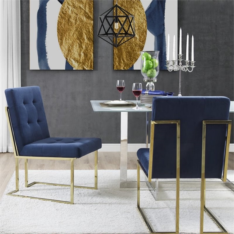 Brika Home Velvet Dining Side Chair in Navy Blue and Chrome(Set of 2)