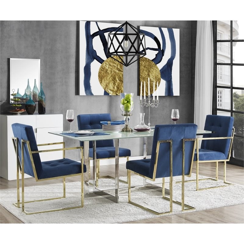 Brika Home Velvet Dining Side Chair in Navy Blue and Chrome(Set of 2)