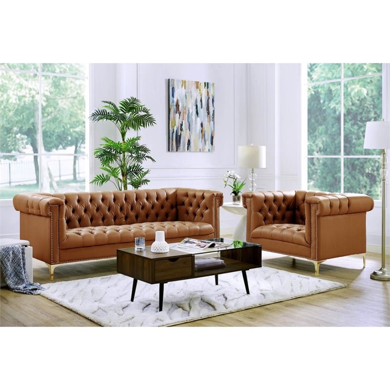Brika Home Faux Leather Tufted Chesterfield Sofa in Brown and Gold