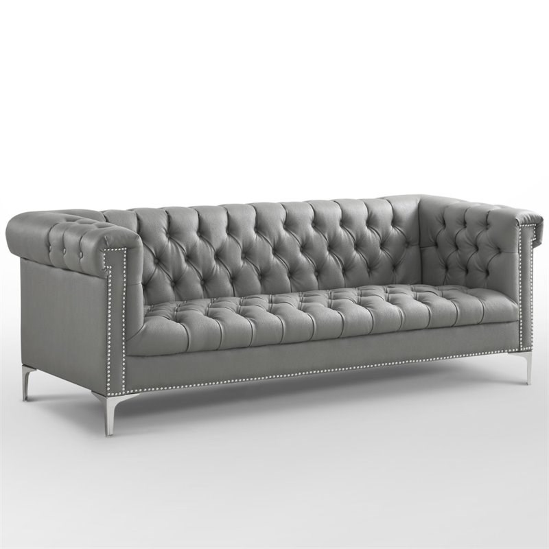 Brika Home Faux Leather Tufted Chesterfield Sofa in Gray and Chrome