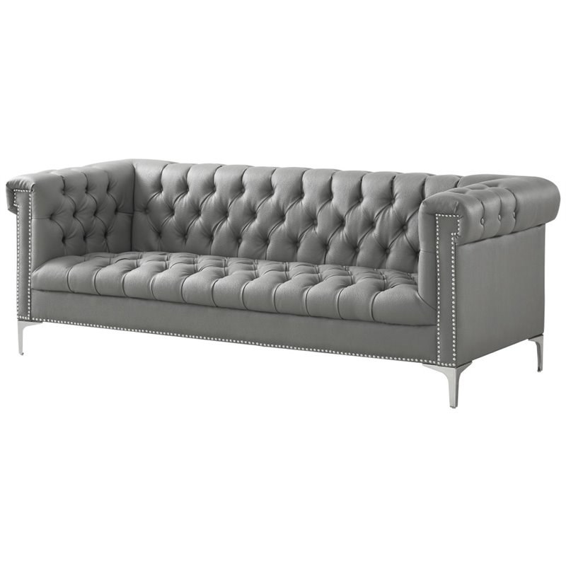Brika Home Faux Leather Tufted Chesterfield Sofa in Gray and Chrome