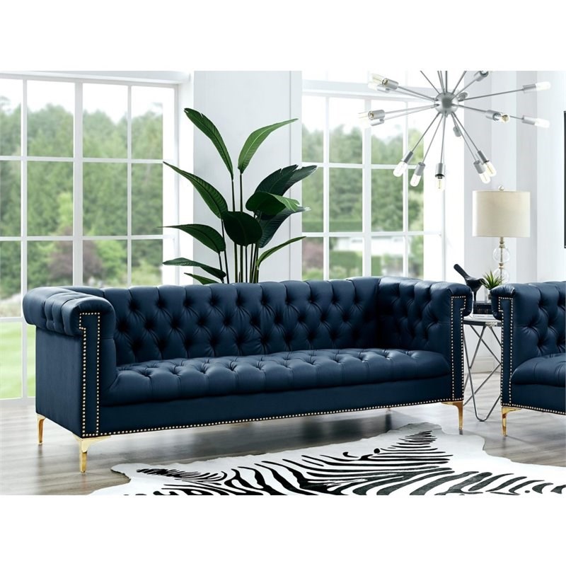 Brika Home Faux Leather Tufted Chesterfield Sofa in Navy Blue and Gold