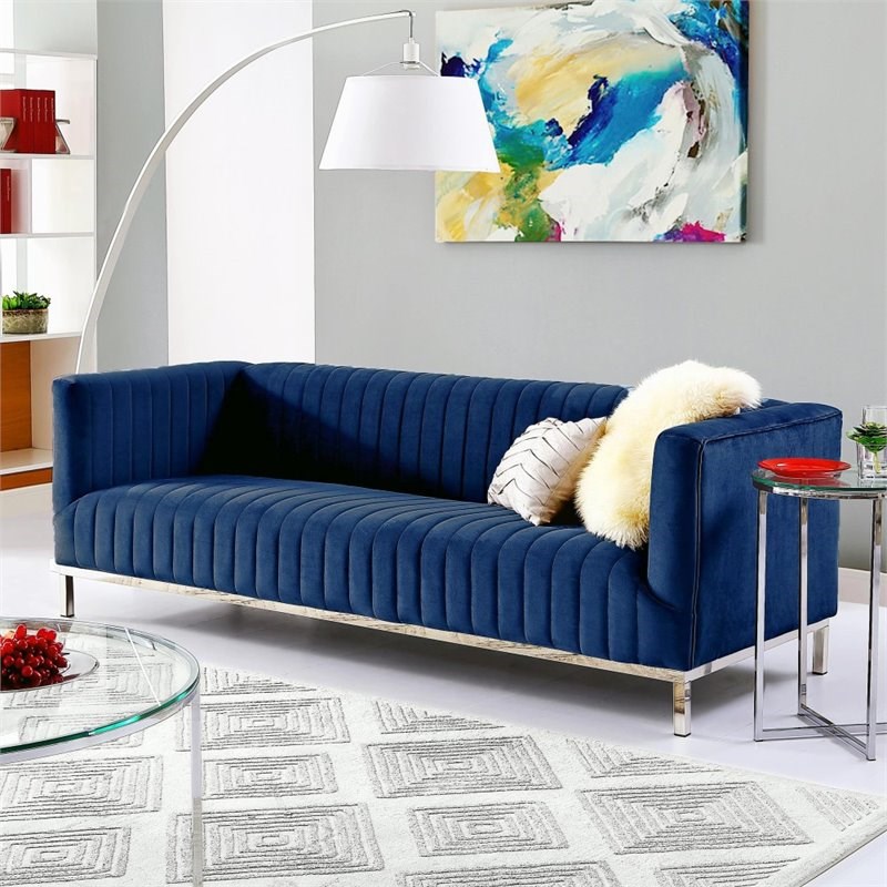 Brika Home Velvet Tufted Tuxedo Sofa in Navy Blue and Chrome