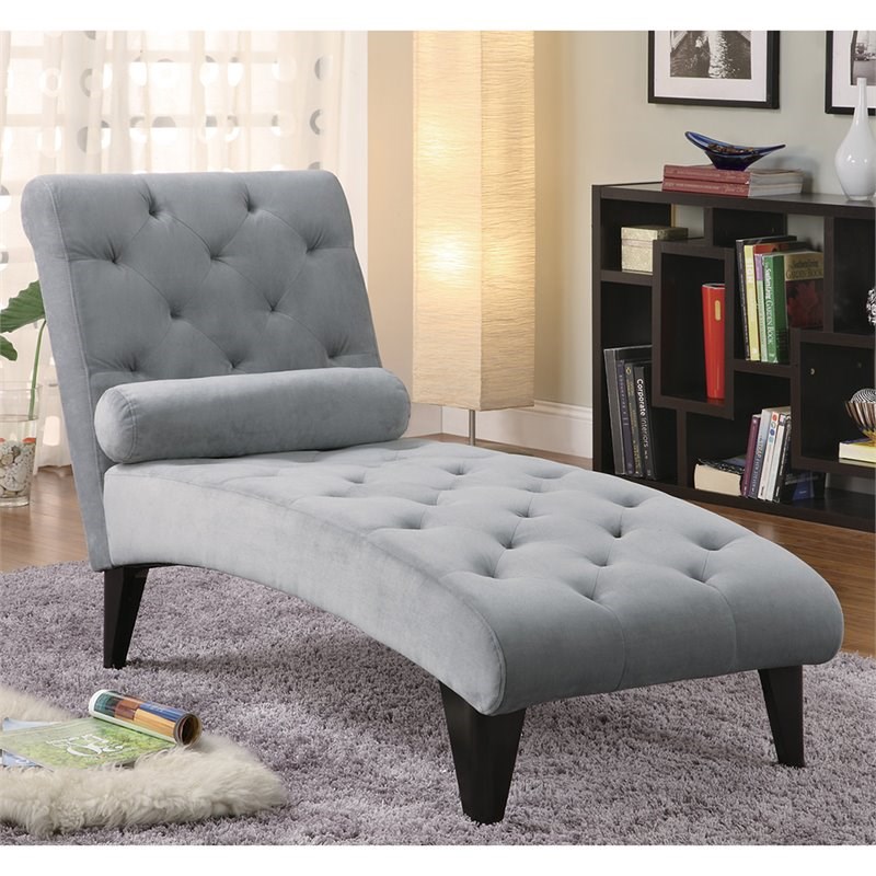 Bowery Hill Tufted Chaise Lounge with Small Bolster Pillow in Gray