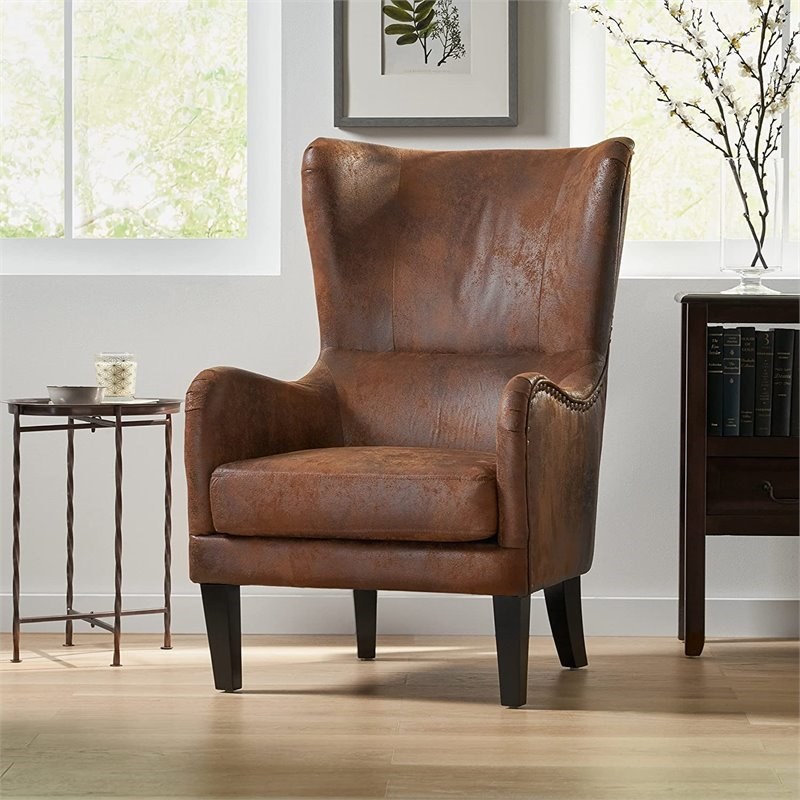 Bowery Hill Fabric Studded Club Chair in Brown