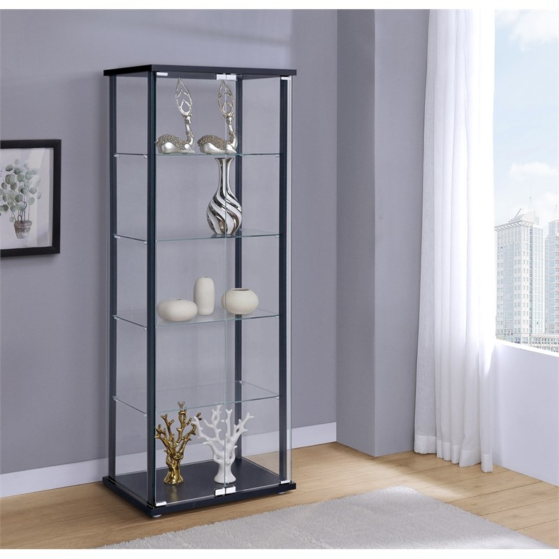 Bowery Hill 5 Shelf Contemporary Glass Wood Curio Cabinet in Black