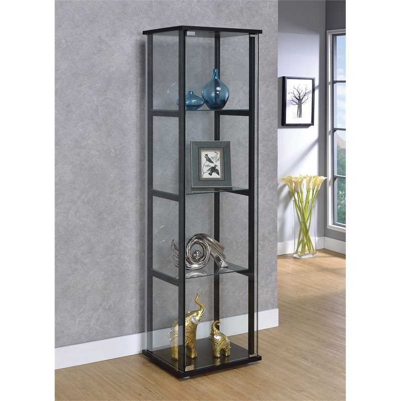 Bowery Hill Contemporary Wood 4 Shelf Glass Curio Cabinet in Black