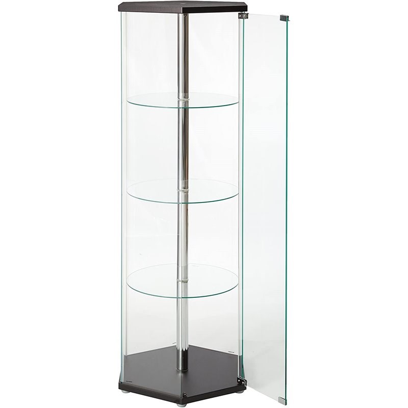 Bowery Hill Contemporary Wood Glass Hexagonal Curio Cabinet in Black and Chrome
