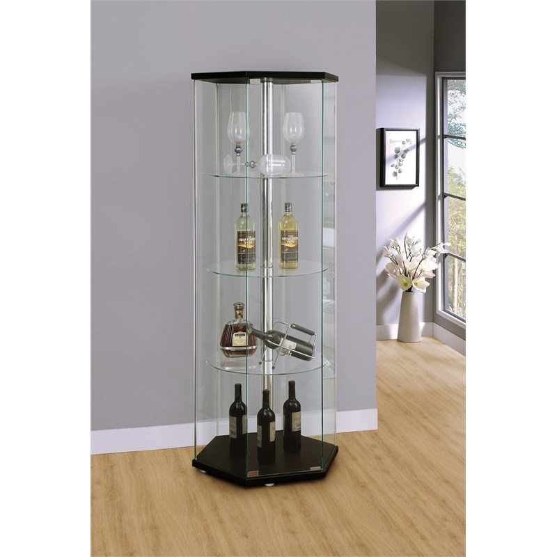 Bowery Hill Contemporary Wood Glass Hexagonal Curio Cabinet in Black and Chrome
