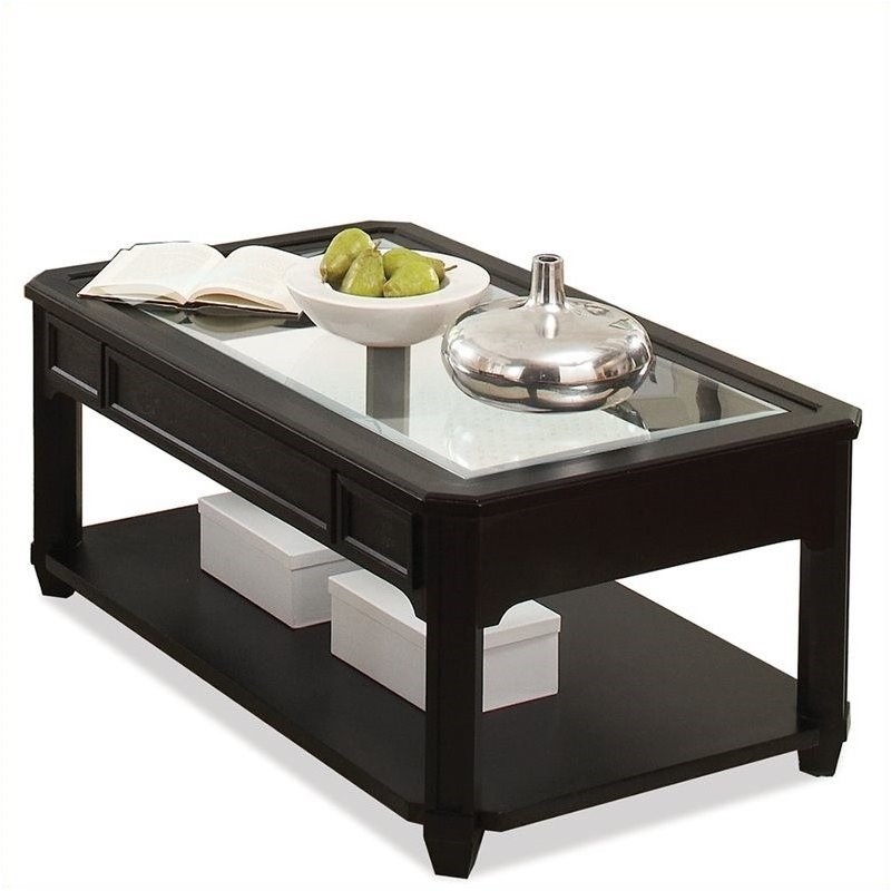 Bowery Hill Glass Top Rectangular Cocktail Table in Black Birch