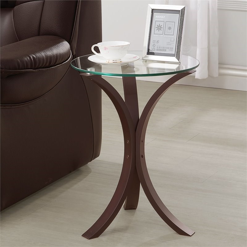 Bowery Hill Round Glass Top Accent End Table in Cappuccino