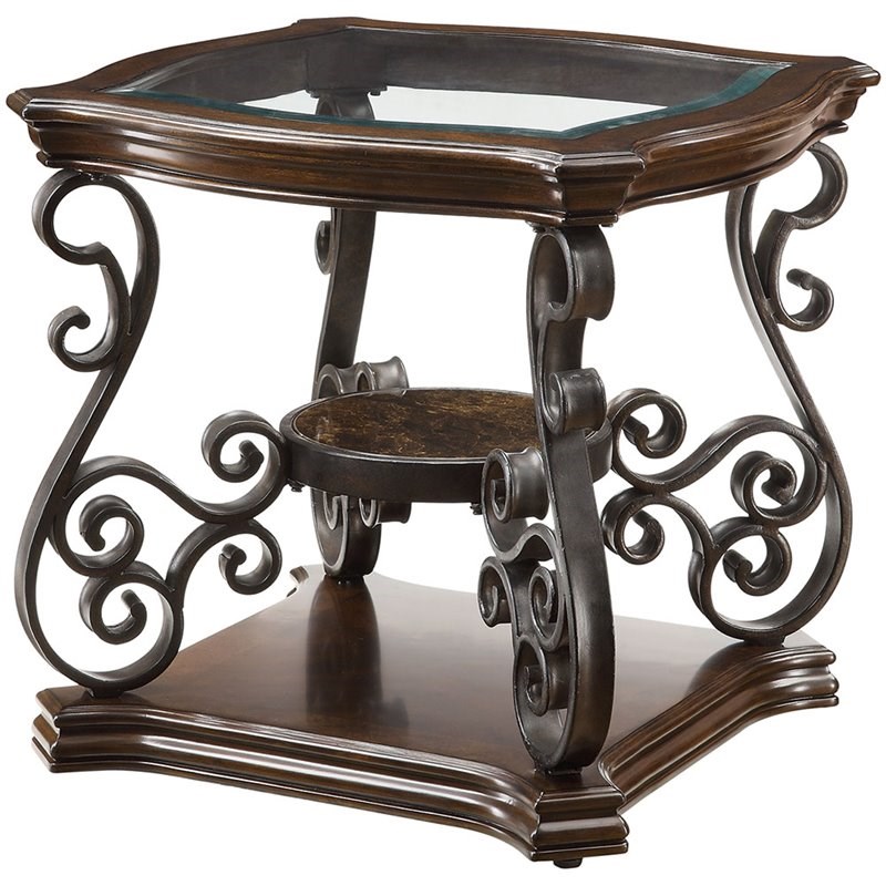 Bowery Hill Glass Top Accent End Table in Deep Merlot