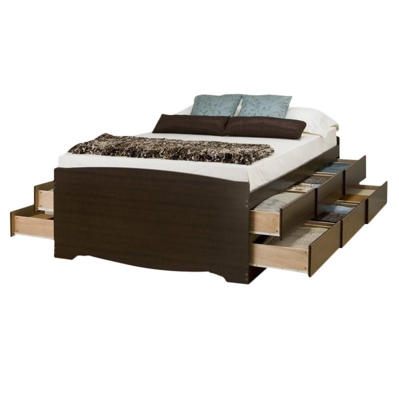 Bowery Hill Wood Tall Queen Platform Storage Bed with Drawer in Black