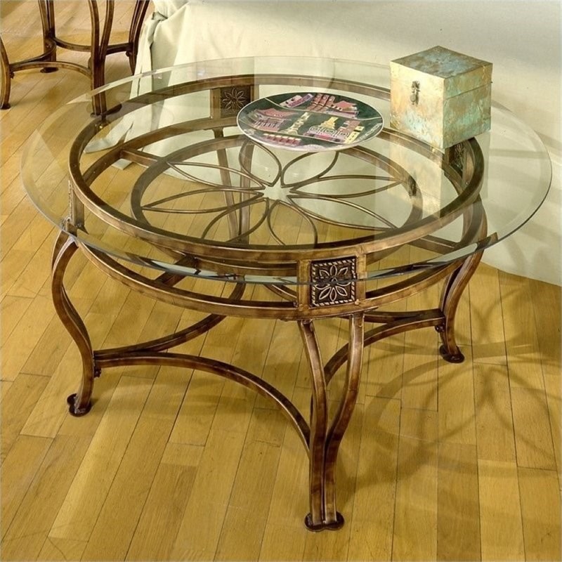 Bowery Hill Round Glass Top Coffee Table in Brown Rust