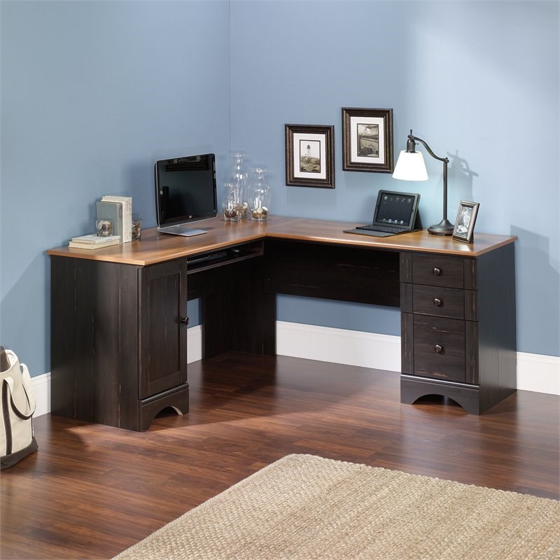 Bowery Hill Corner Wood Computer Desk in Antiqued Paint/Cherry Accents