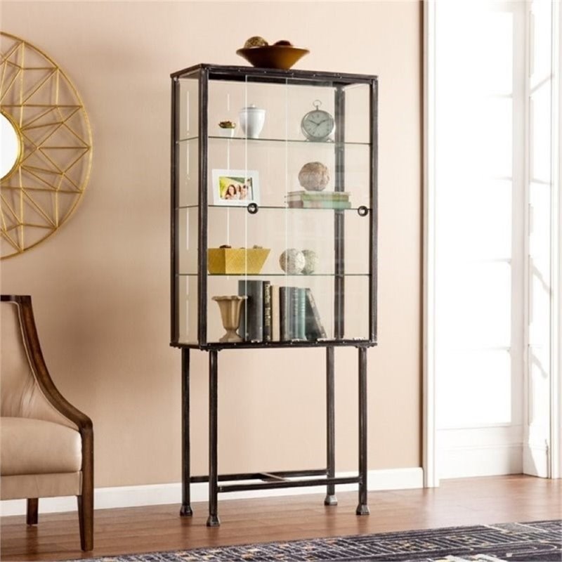 Bowery Hill Sliding Door Display Cabinet in Black