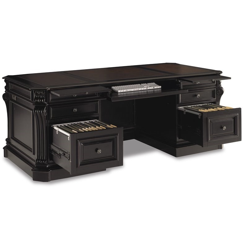 Bowery Hill Leather Top Executive Desk in Black and Brown