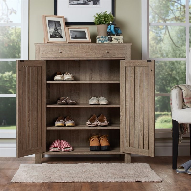 Bowery Hill Slatted Shoe Cabinet in Light Oak | Homesquare