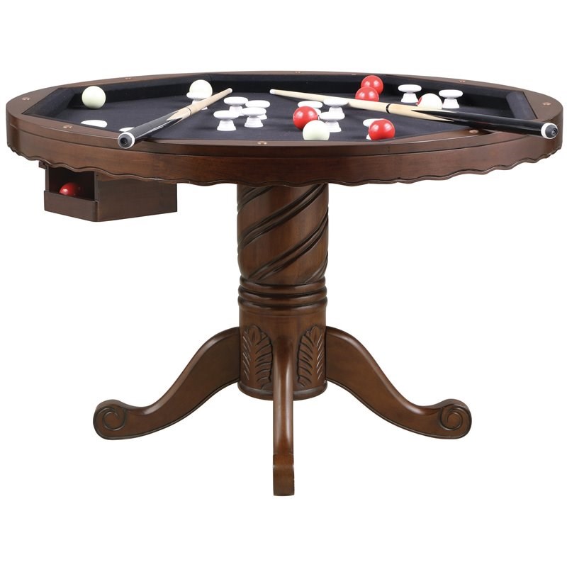 Bowery Hill 5 Piece 3-in-1 Round Poker and Bumper Pool Table Set in Brown