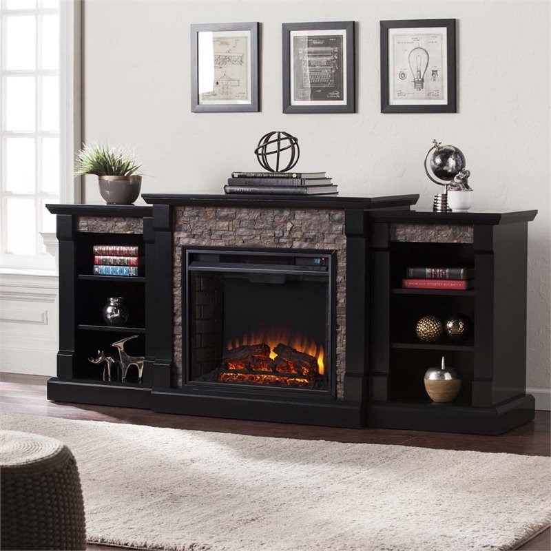 Bowery Hill Faux Stone Electric Fireplace in Black