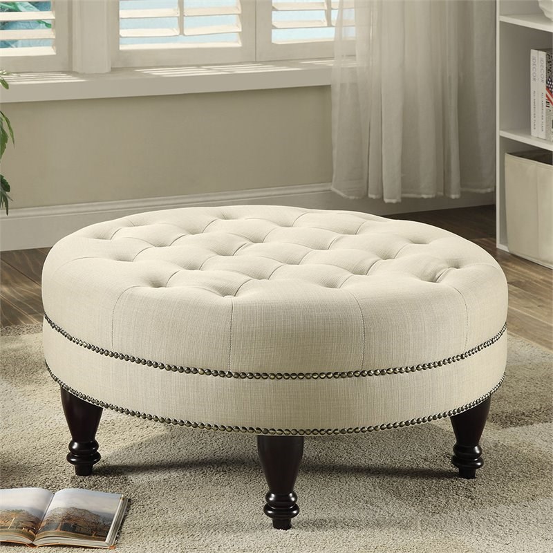 Bowery Hill Tufted Round Ottoman in Oatmeal and Dark Brown | Homesquare