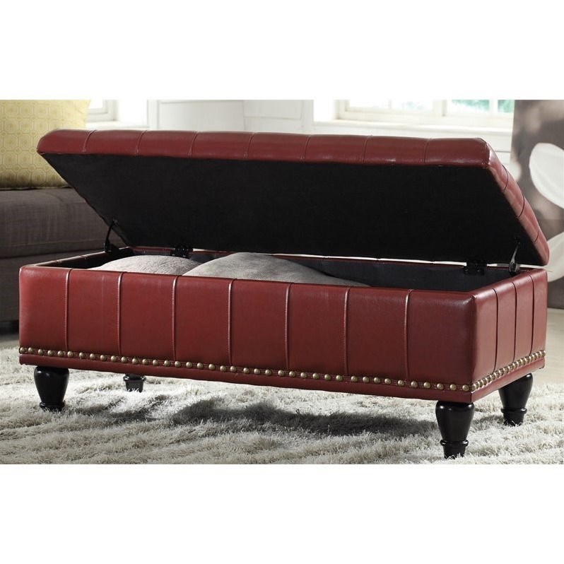 Bowery Hill Storage Leather Ottoman in Crimson Red Homesquare