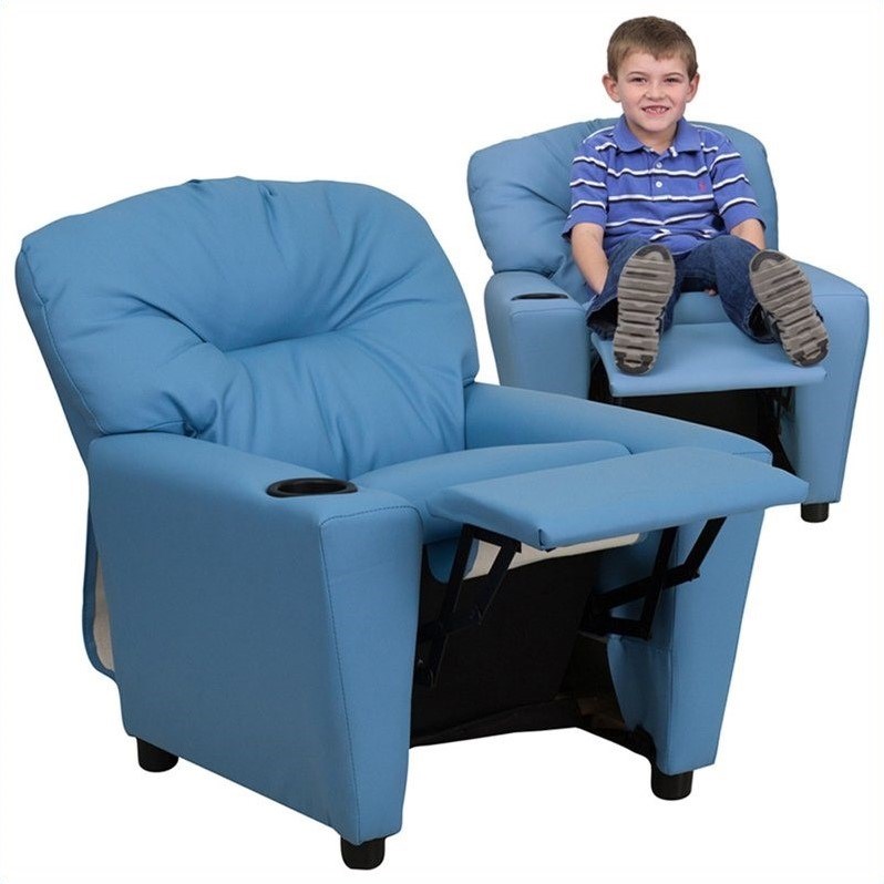 Bowery Hill Kids Recliner in Light Blue with Cup Holder
