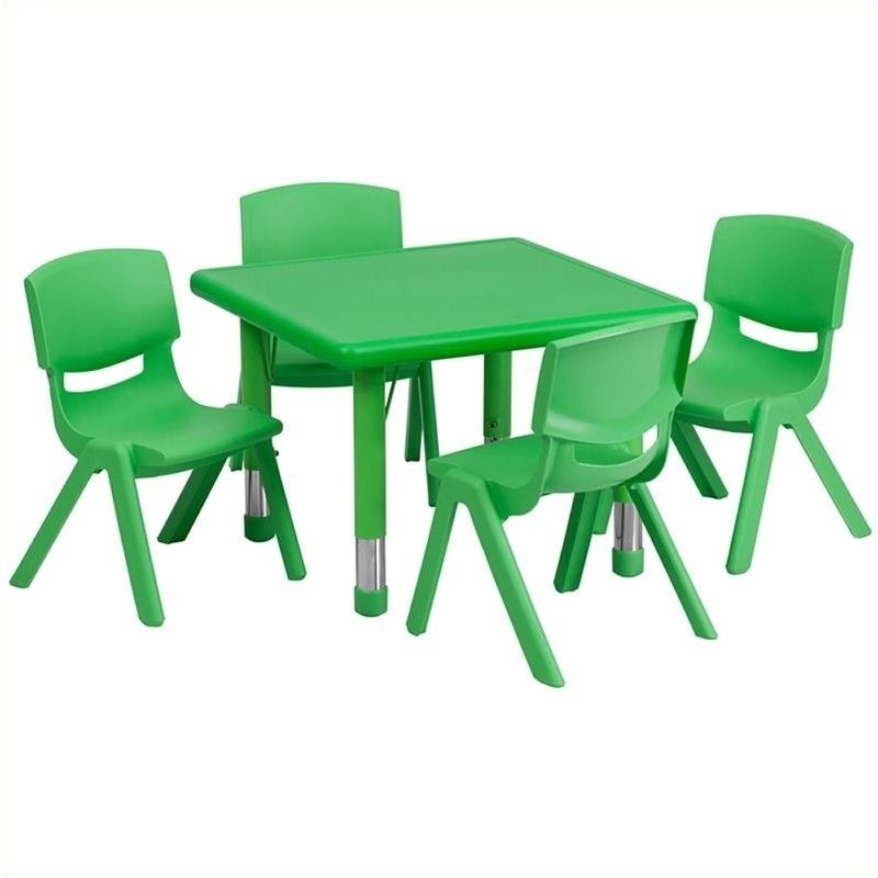 Bowery Hill 5 Piece Square Adjustable Activity Table Set in Green