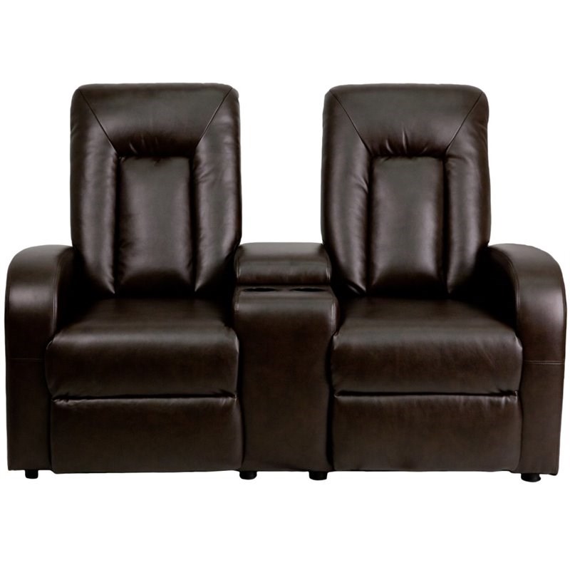 Bowery Hill 2 Seat Leather Reclining Home Theater Seating in Brown