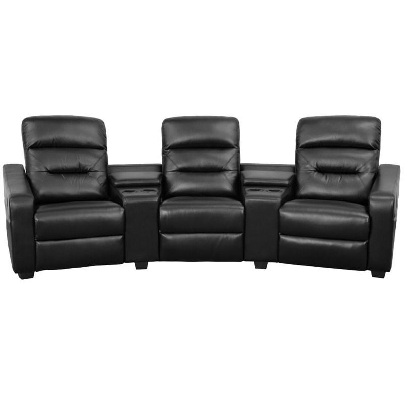 Bowery Hill 3 Seat Leather Reclining Home Theater Seating in Black