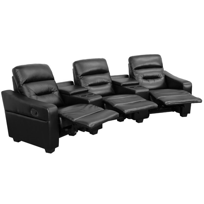 Bowery Hill 3 Seat Leather Reclining Home Theater Seating in Black