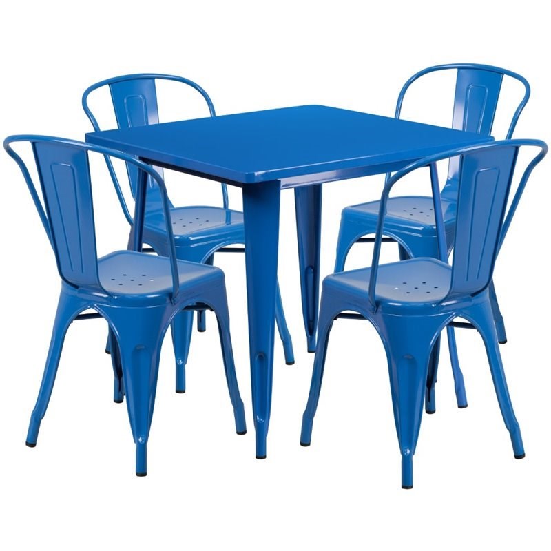 Bowery Hill 5 Piece Square Metal Dining Set in Blue